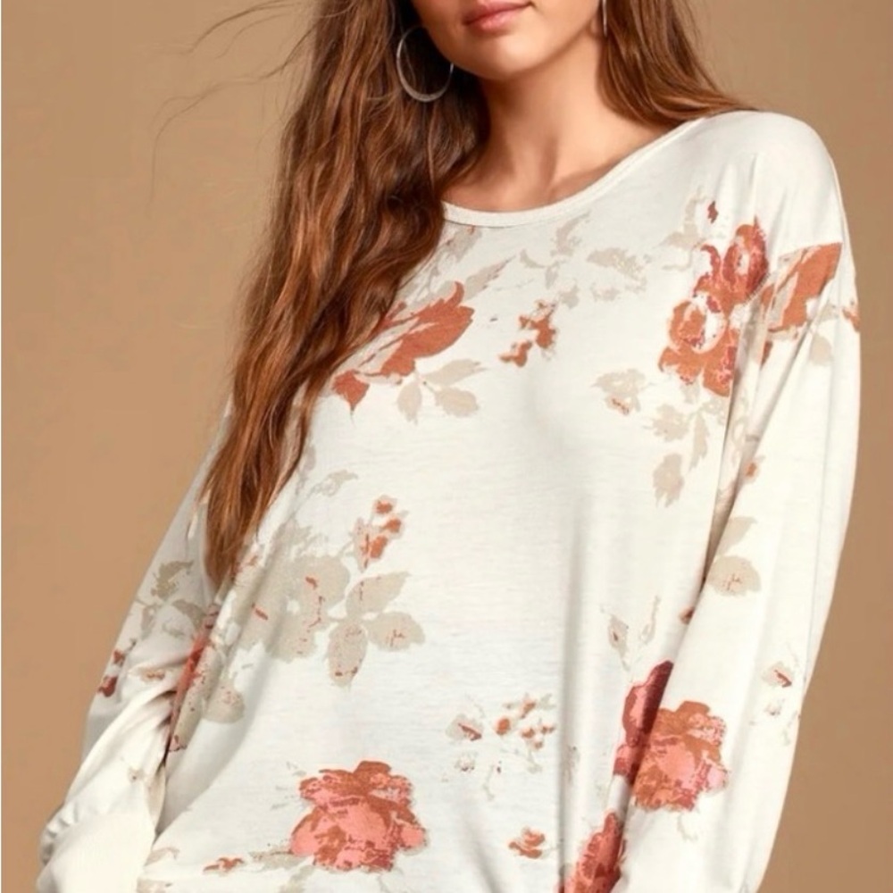 We The Free Cream and Pink Floral Long Sleeve Top